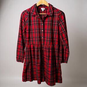 J Crew Tartan Plaid Shirt Dress 8 Holiday Red Blue Collared Long Sleeve Cotton